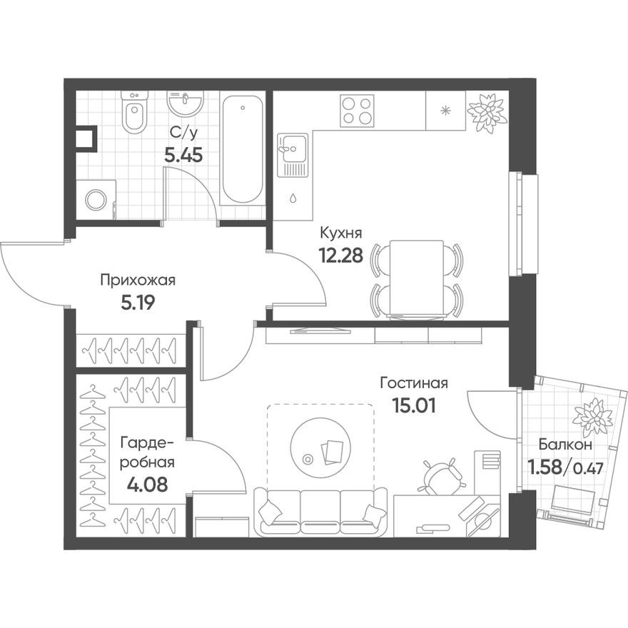 1к. квартира, 42.1 м²