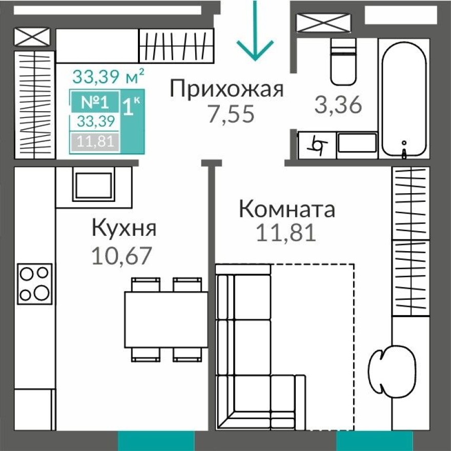 1к. квартира, 33.4 м²