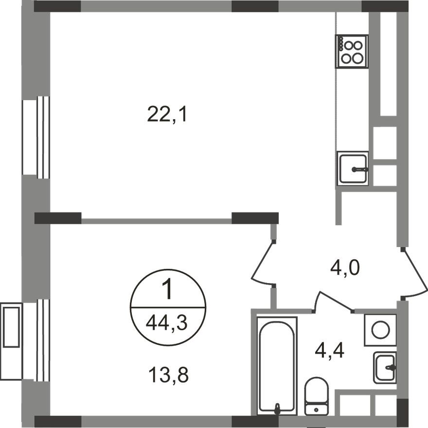 1к. квартира, 44.3 м²