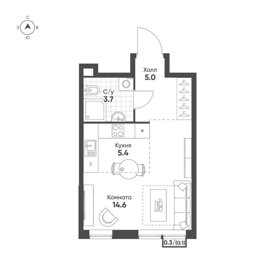 1к. квартира, 28.8 м²