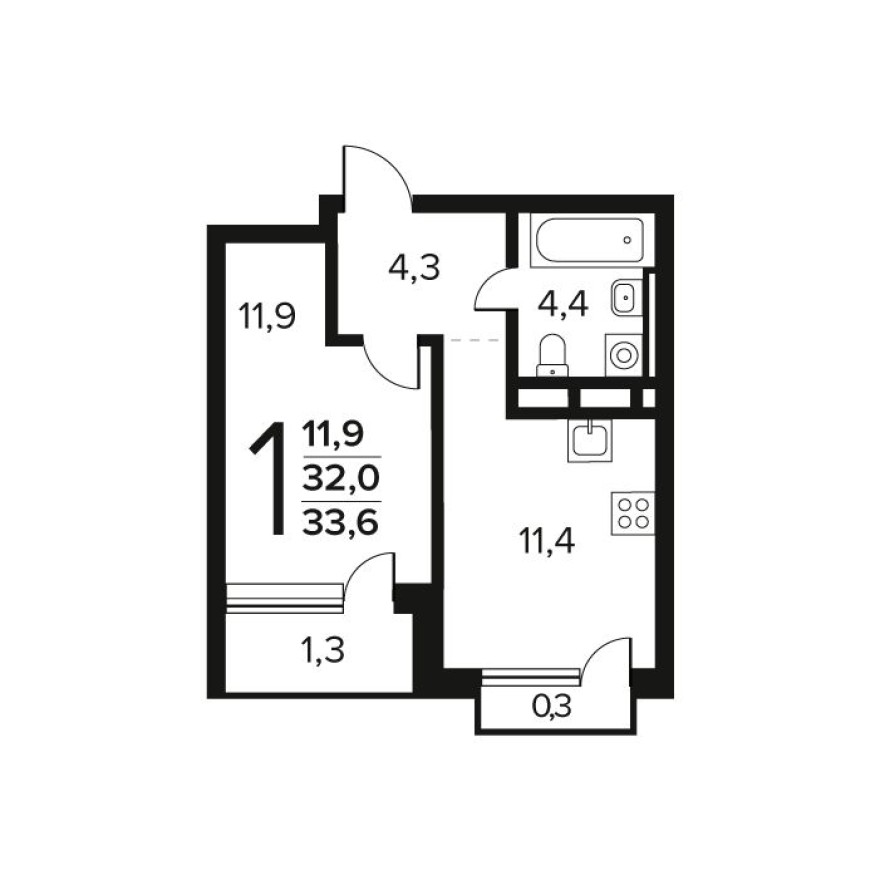1к. квартира, 33.6 м²