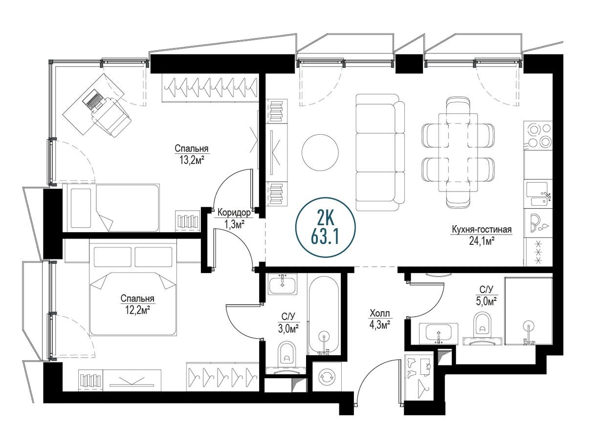 2к. квартира, 61.7 м²