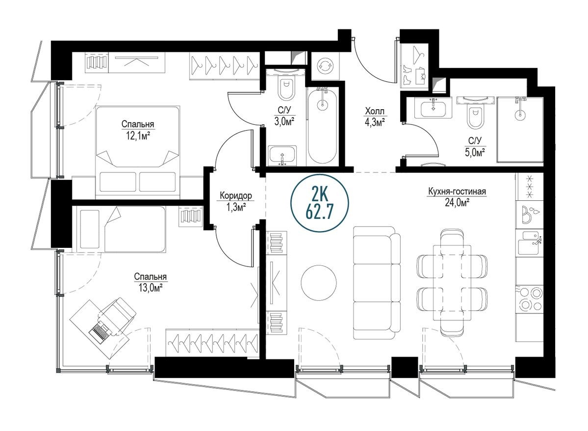 2к. квартира, 61.5 м²