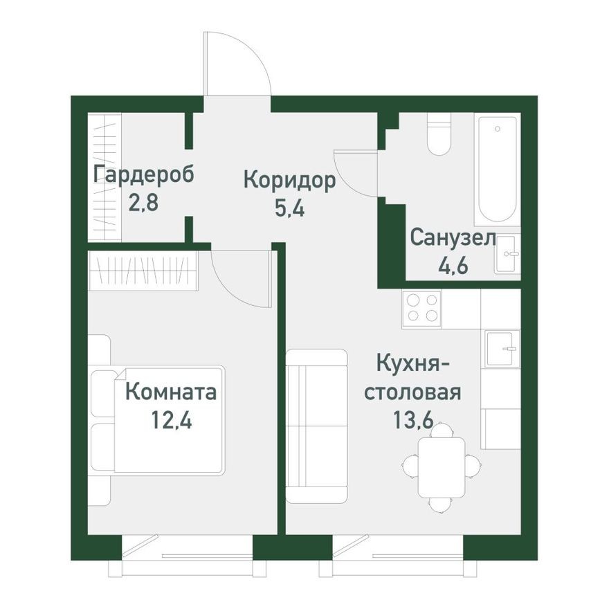 1к. квартира, 38.8 м²