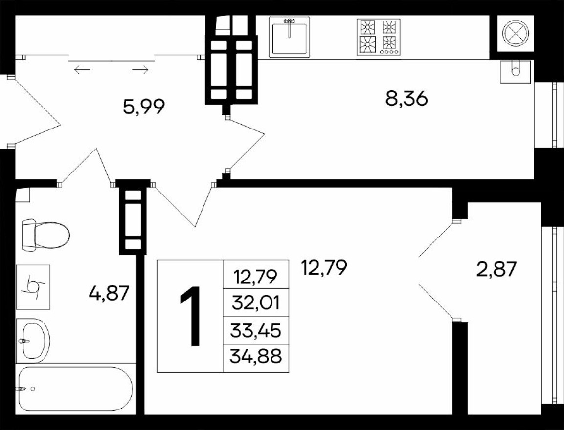 1к. квартира, 34.9 м²