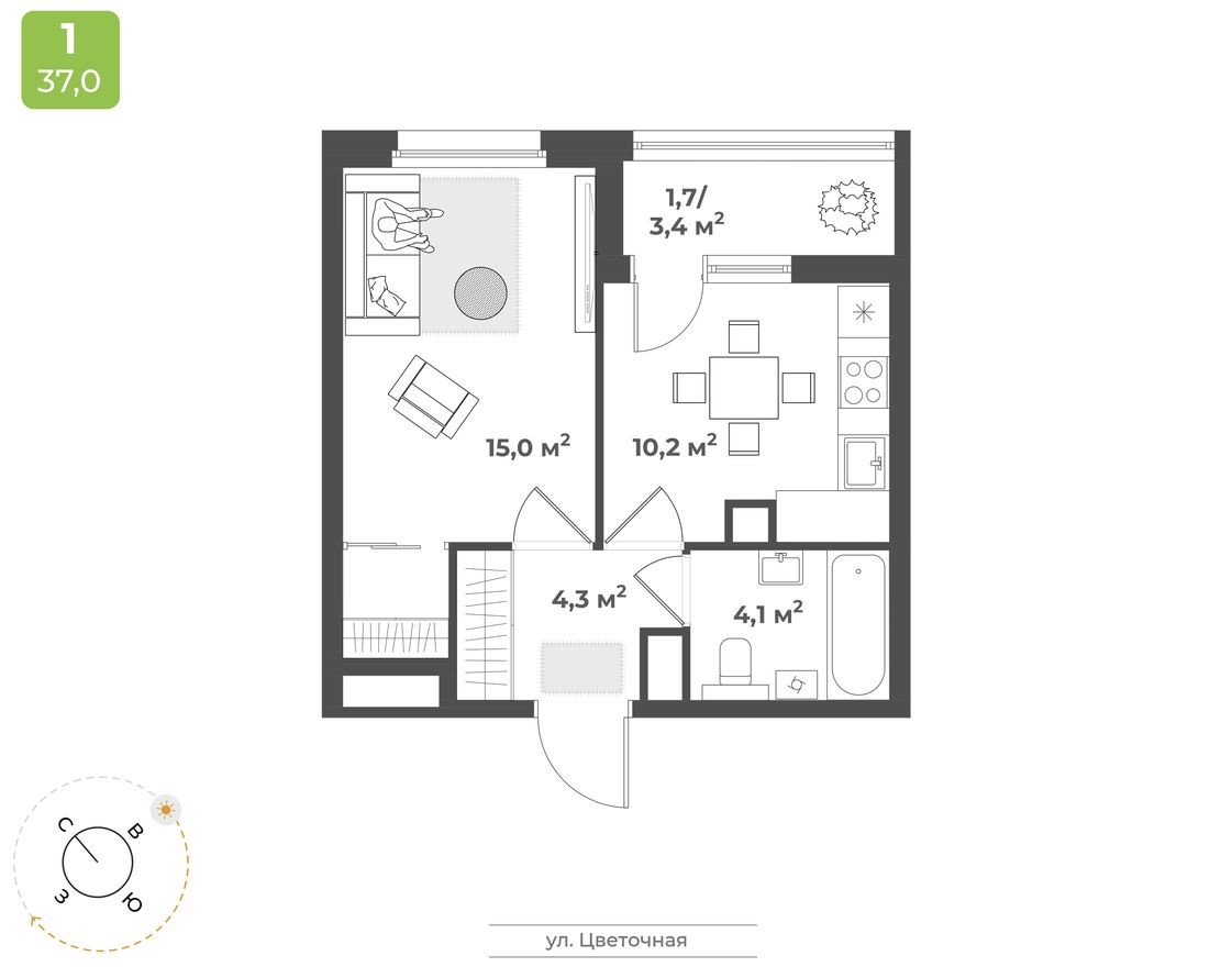 1к. квартира, 35.3 м²