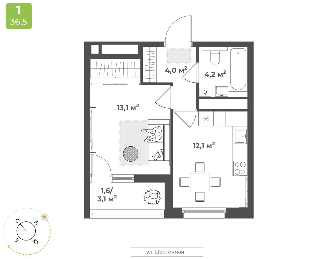 1к. квартира, 35.0 м²