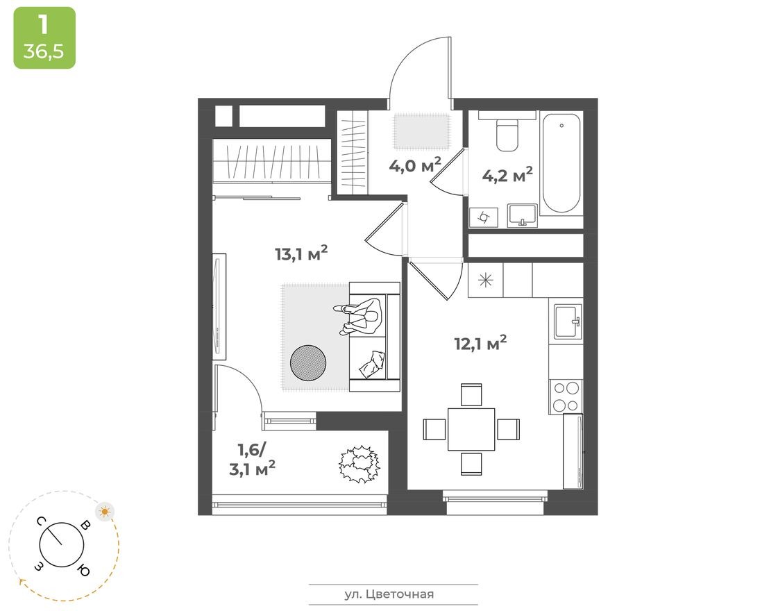 1к. квартира, 35.0 м²