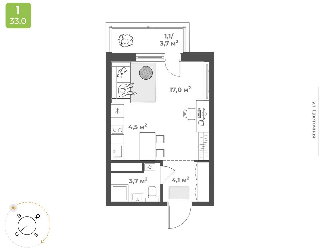 Студия-квартира, 30.4 м²