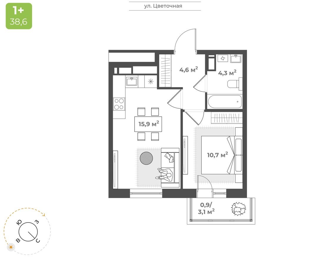 1е квартира, 36.4 м²
