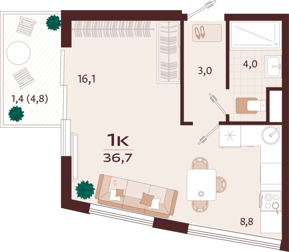 1к. квартира, 36.7 м²