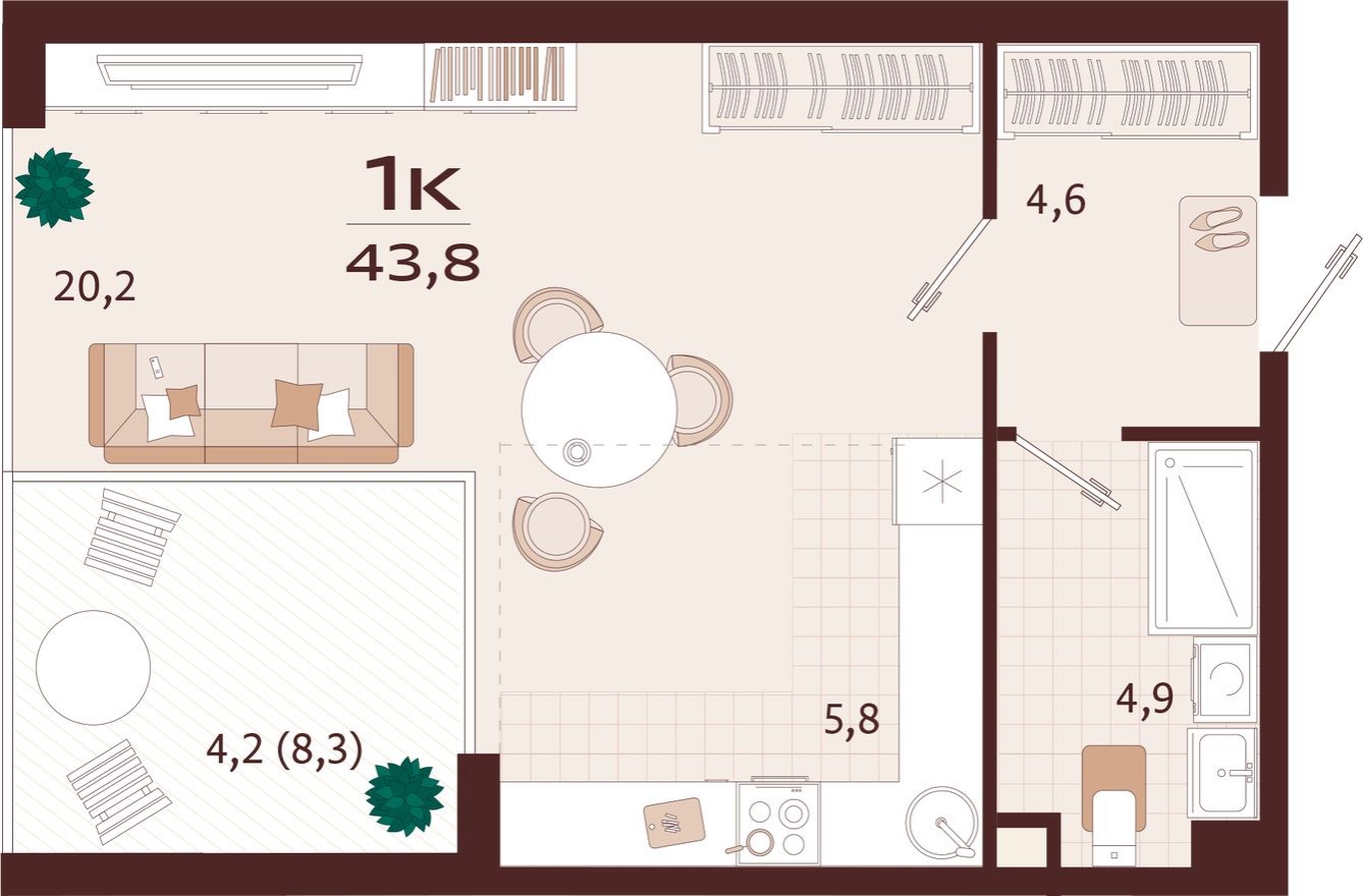 1к. квартира, 43.8 м²