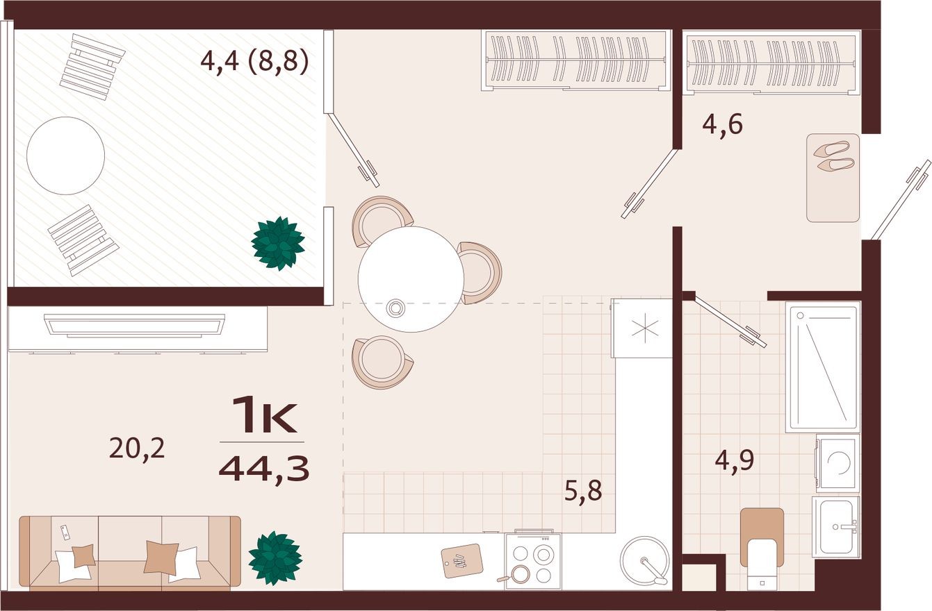1к. квартира, 44.3 м²