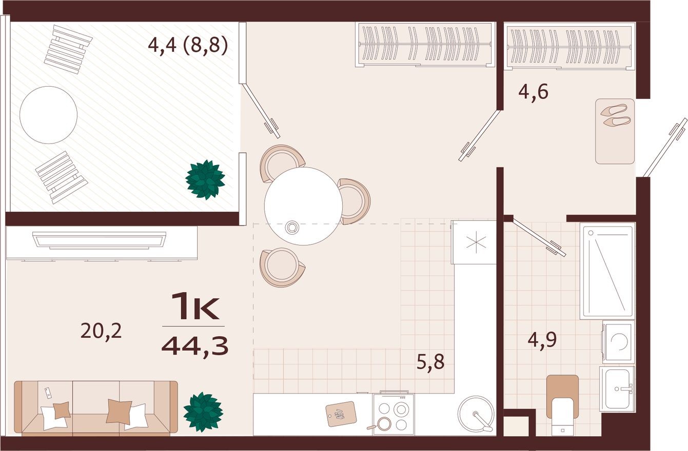 1к. квартира, 44.3 м²