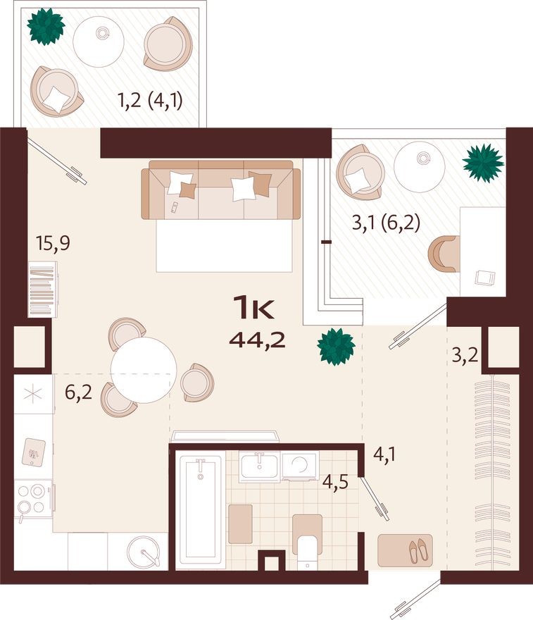 1к. квартира, 44.2 м²