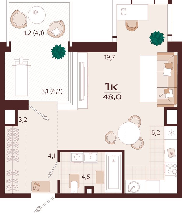 1к. квартира, 48.0 м²
