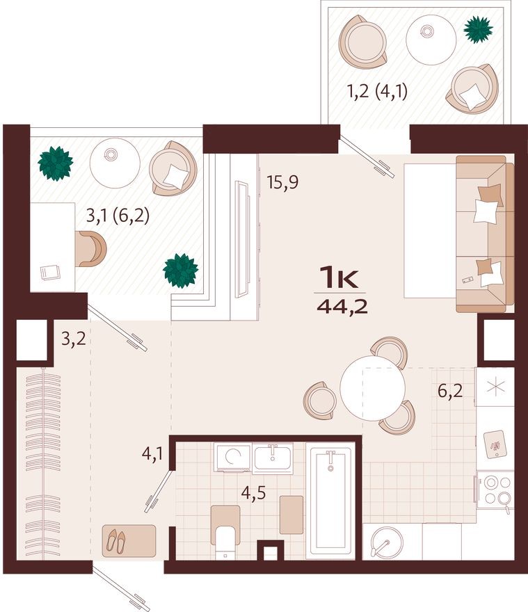 1к. квартира, 44.2 м²