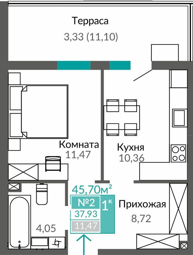 1к. квартира, 37.9 м²