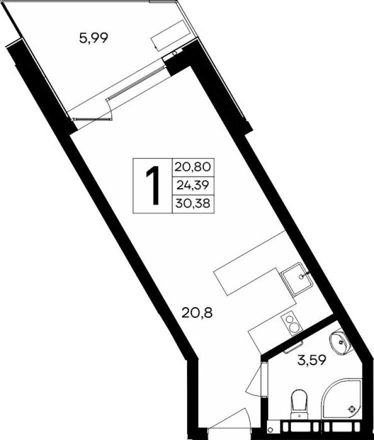 1к. квартира, 30.4 м²