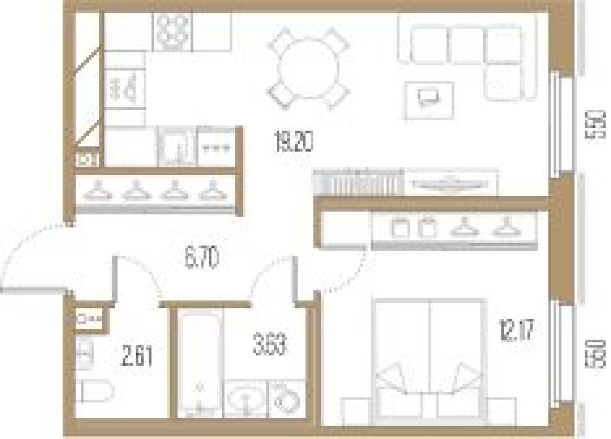 Планировка — 1к. квартира, 44.3 м²