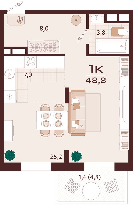 1к. квартира, 48.8 м²