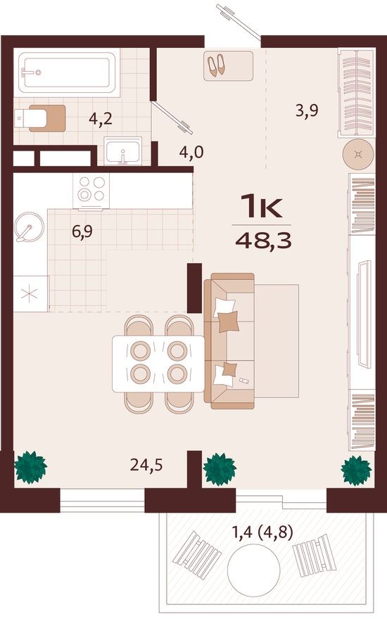 1к. квартира, 48.3 м²