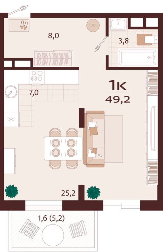 1к. квартира, 49.2 м²