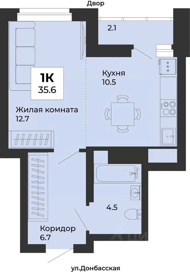 1к. квартира, 35.4 м²