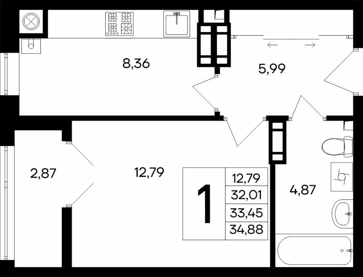 1к. квартира, 34.9 м²