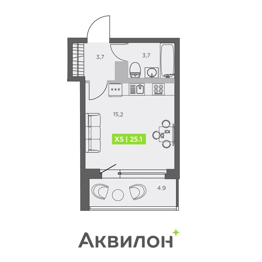 Студия-квартира, 25.1 м²