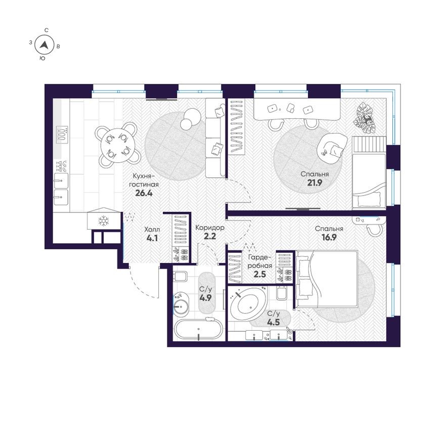 Планировка — 2к. квартира, 83.4 м²