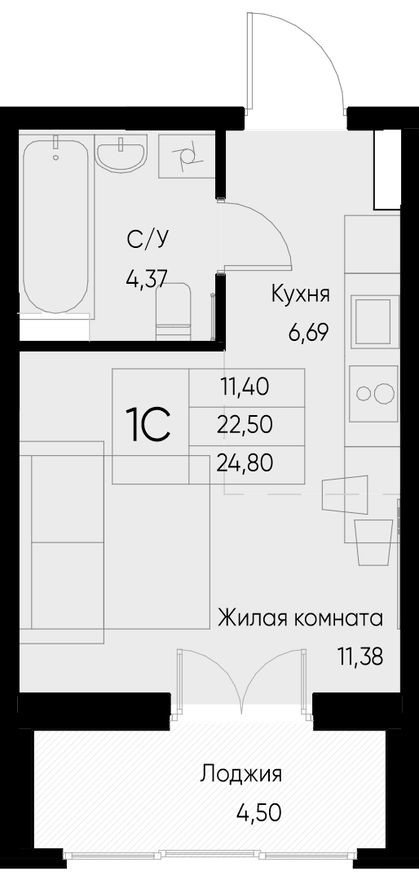 Студия-квартира, 24.8 м²