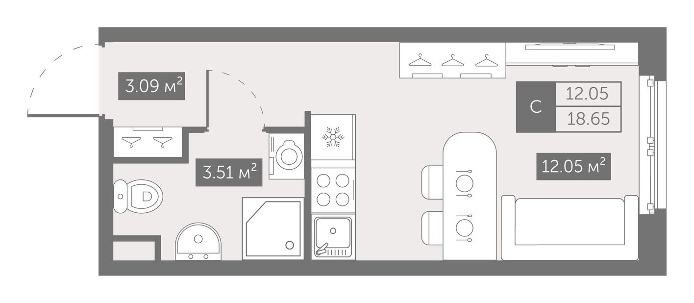 Студия-квартира, 18.7 м²