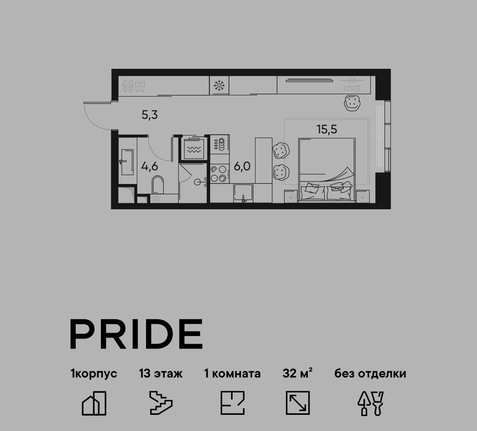 1к. квартира, 32.1 м²