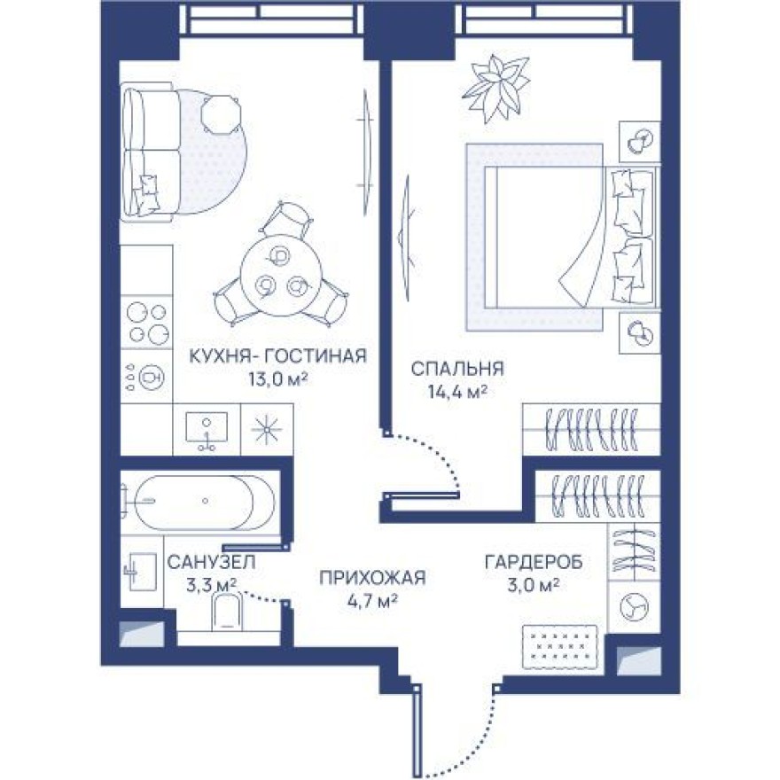1к. квартира, 38.4 м²