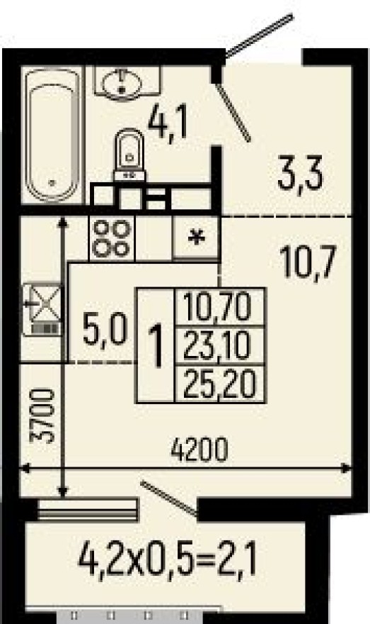 Студия-квартира, 25.2 м²