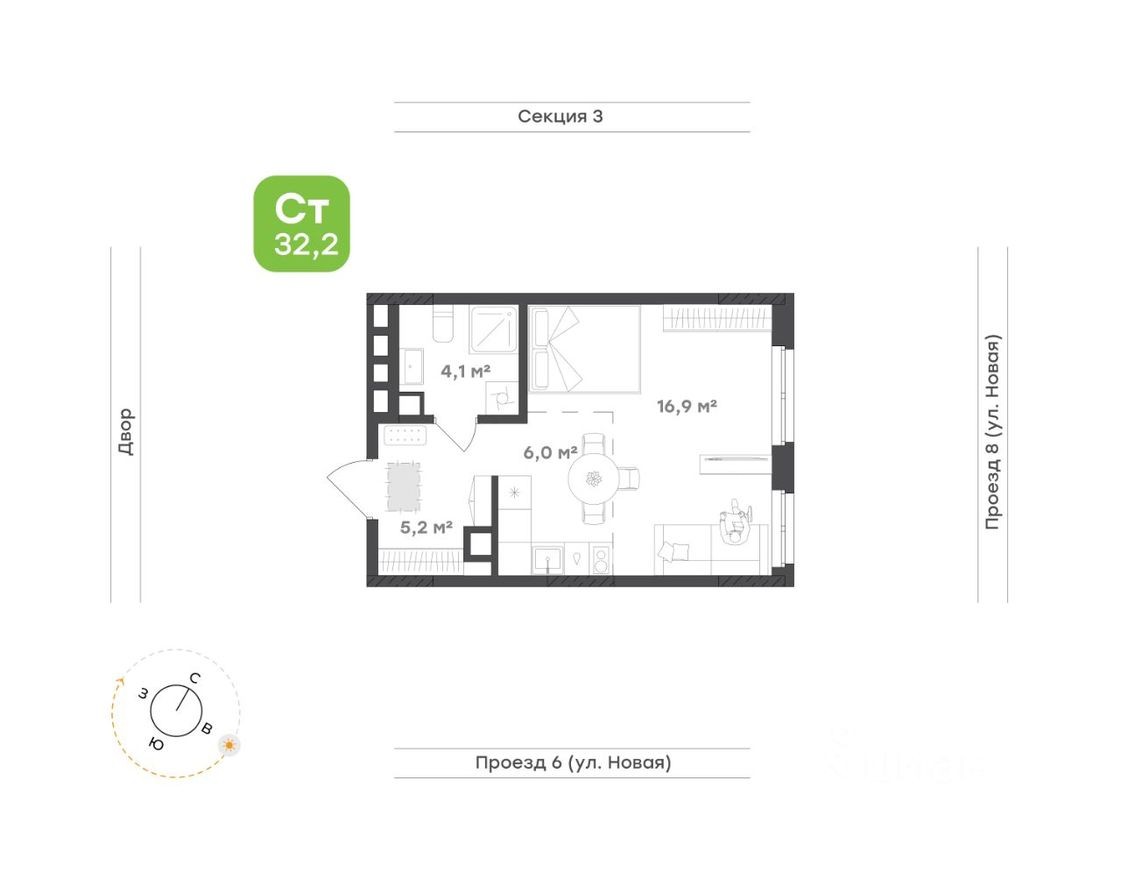 1к. квартира, 32.2 м²