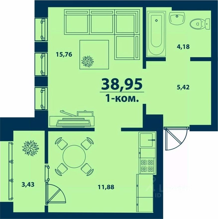 1к. квартира, 39.0 м²