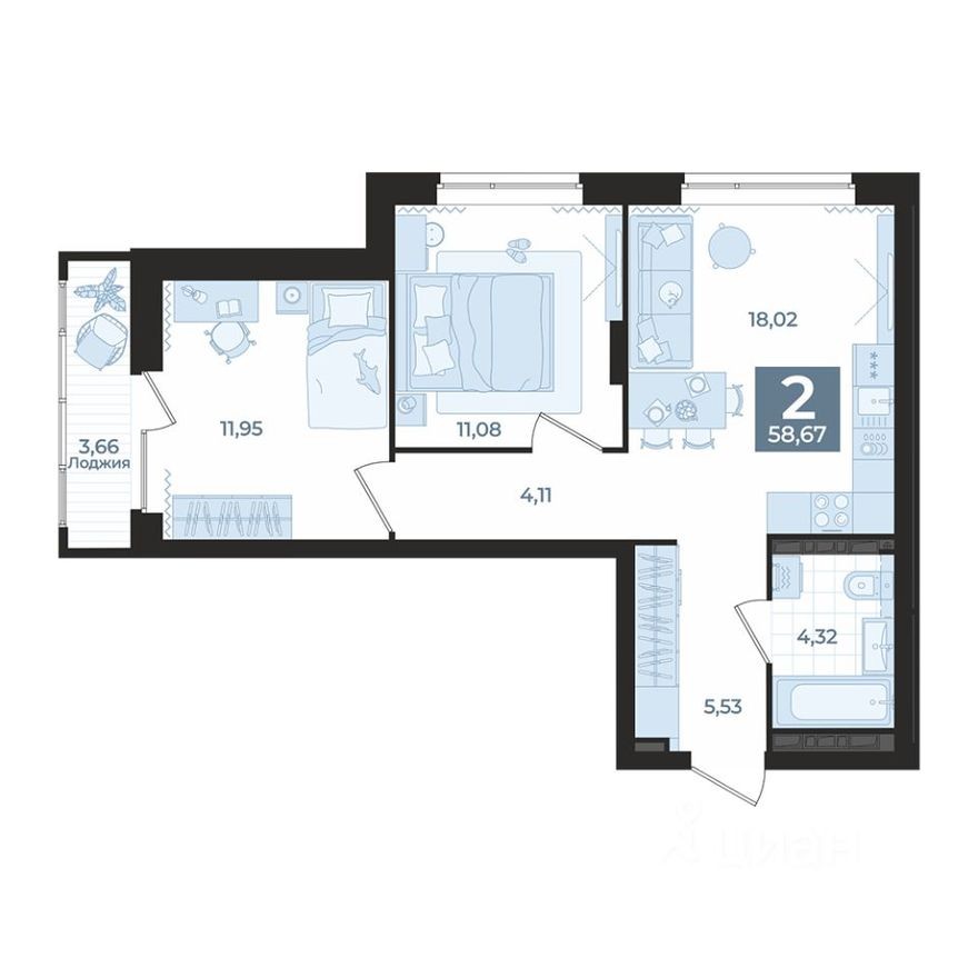 2к. квартира, 58.7 м²