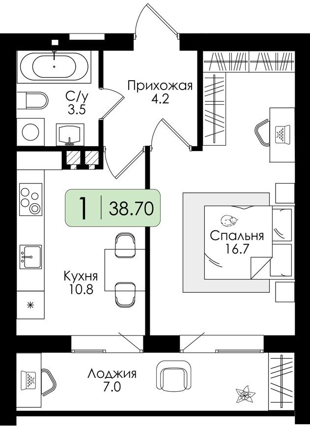 1к. квартира, 38.7 м²