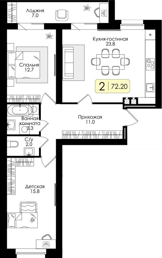 2к. квартира, 72.2 м²