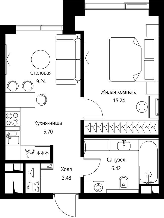 1к. квартира, 40.1 м²