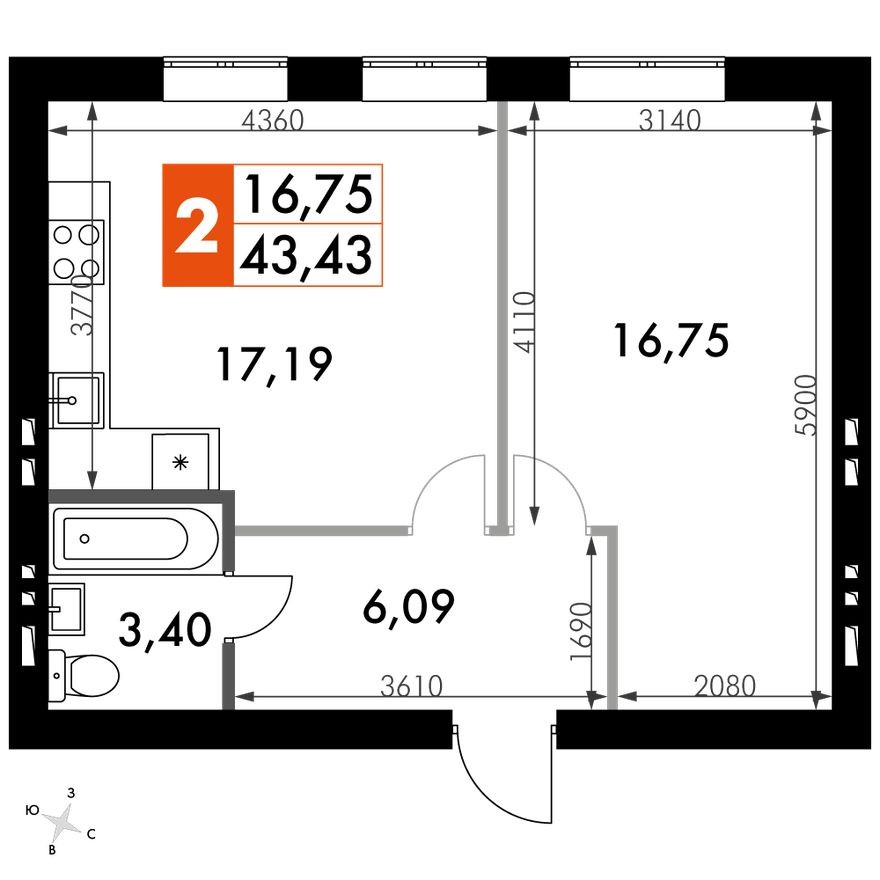 Планировка — 1к. квартира, 43.4 м²