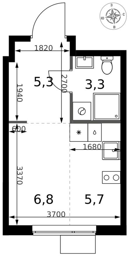 Студия-квартира, 21.1 м²