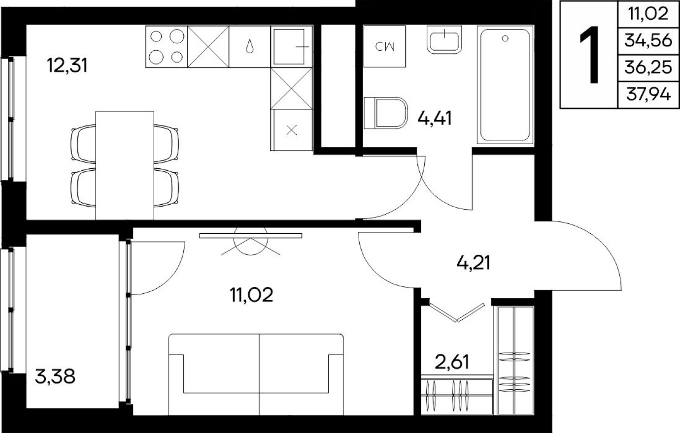 1к. квартира, 37.9 м²