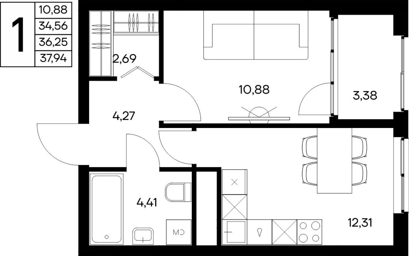 1к. квартира, 37.9 м²