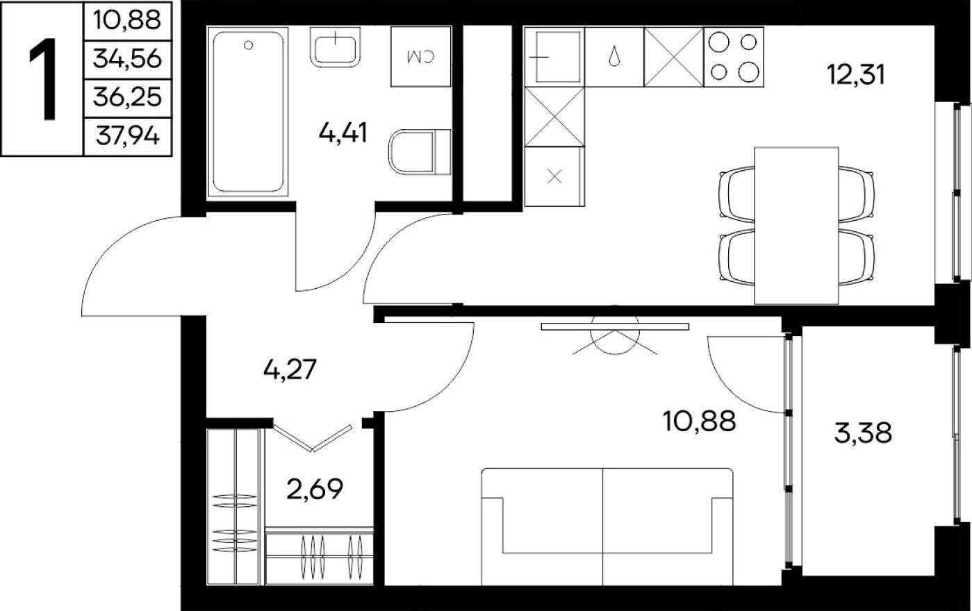1к. квартира, 37.9 м²