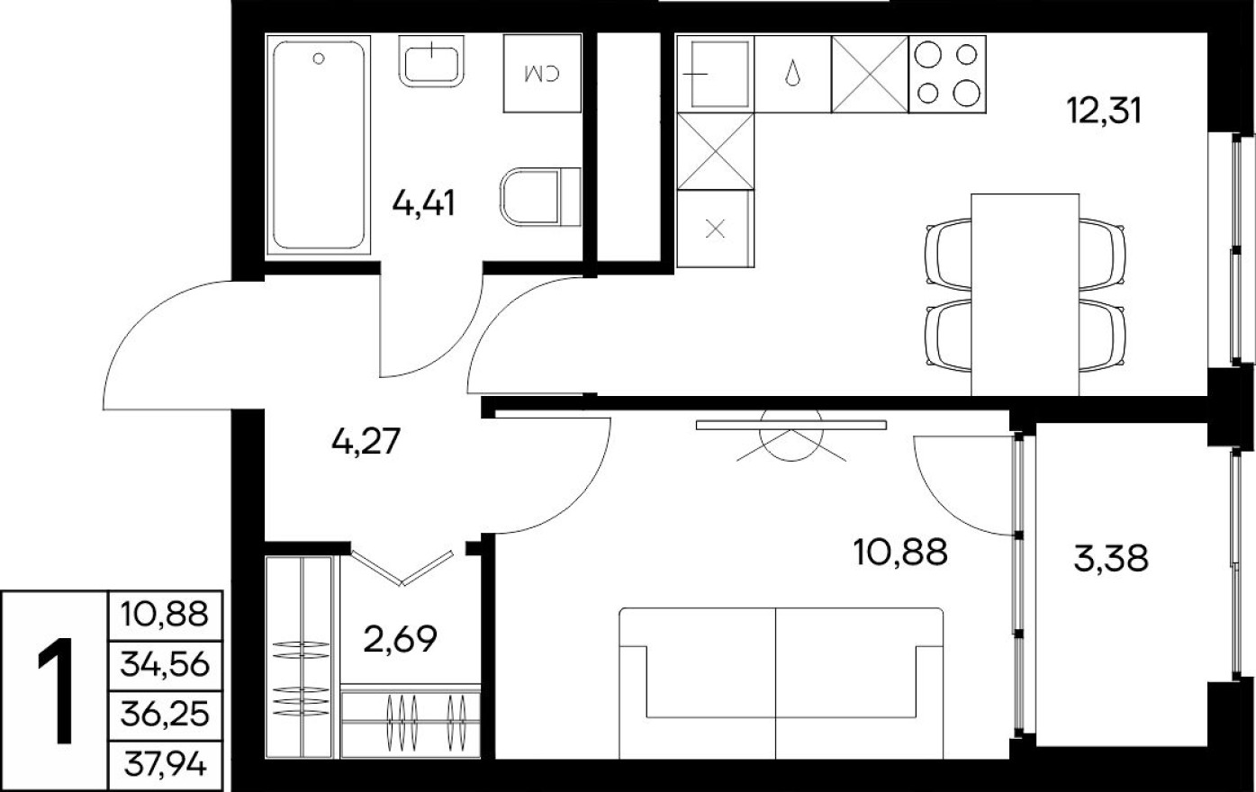 1к. квартира, 37.9 м²