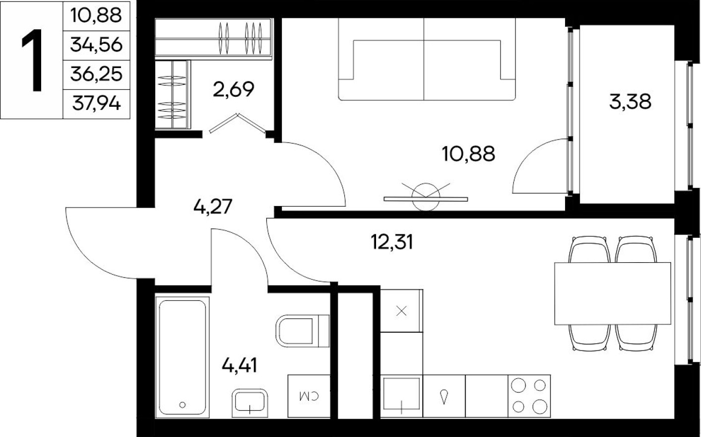 1к. квартира, 37.9 м²