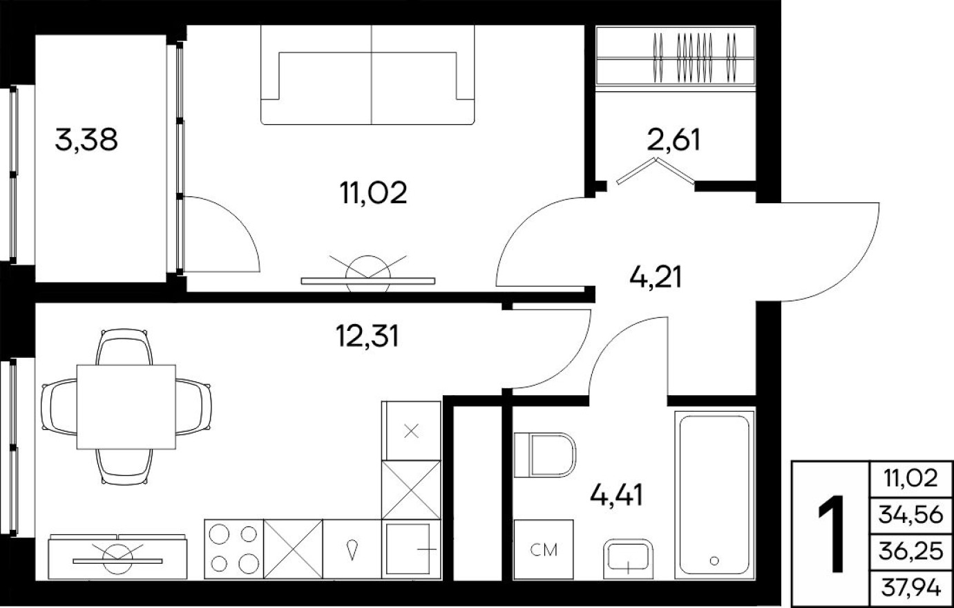 1к. квартира, 37.9 м²